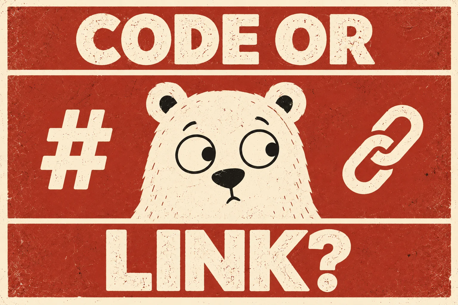 A curious bear between code and chain-link symbols on a vintage poster.