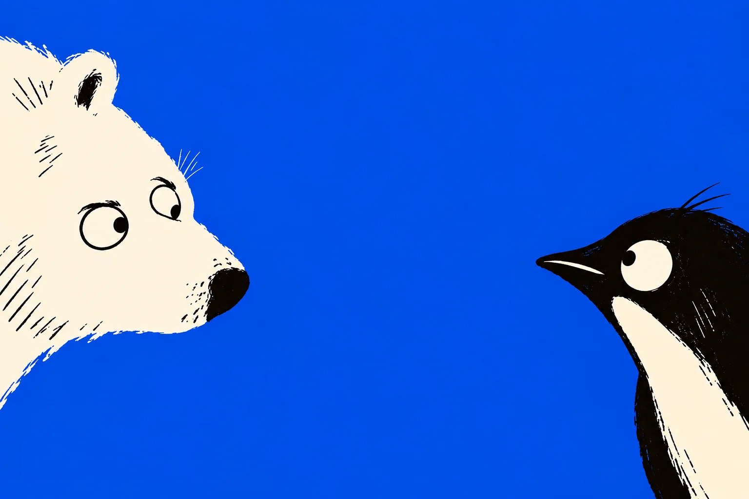A bear and a penguin looking at each other against a blue background.