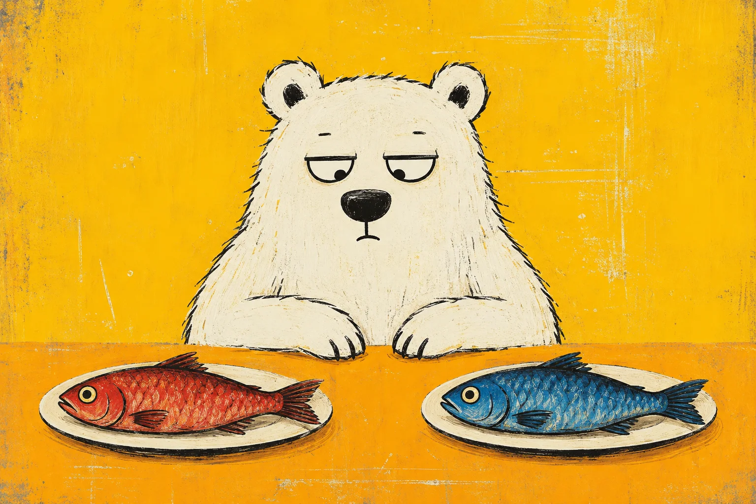A white bear choosing between a red fish and a blue fish on two plates.