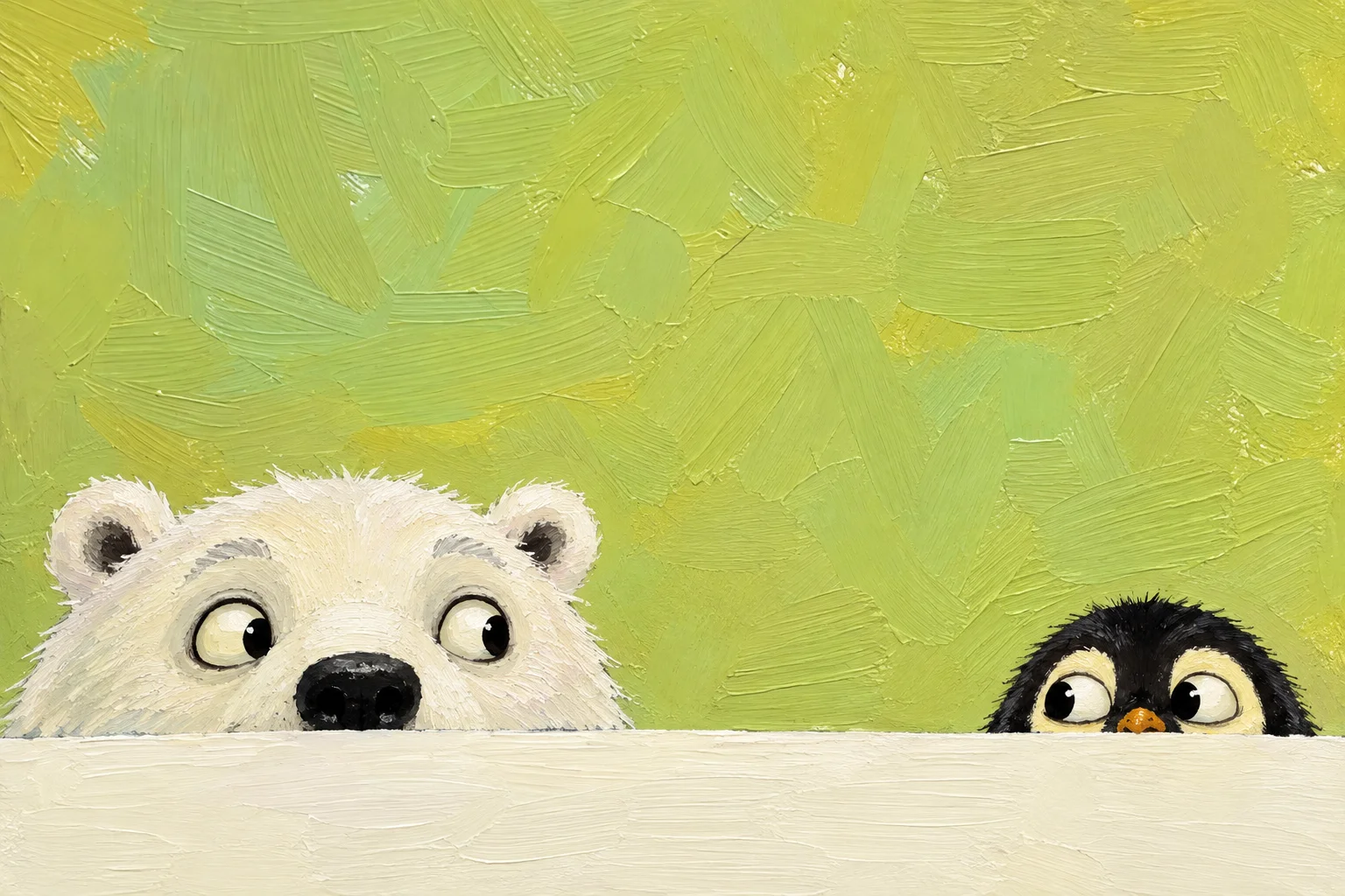 A white bear and a penguin peeking over a ridge and noticing each other.