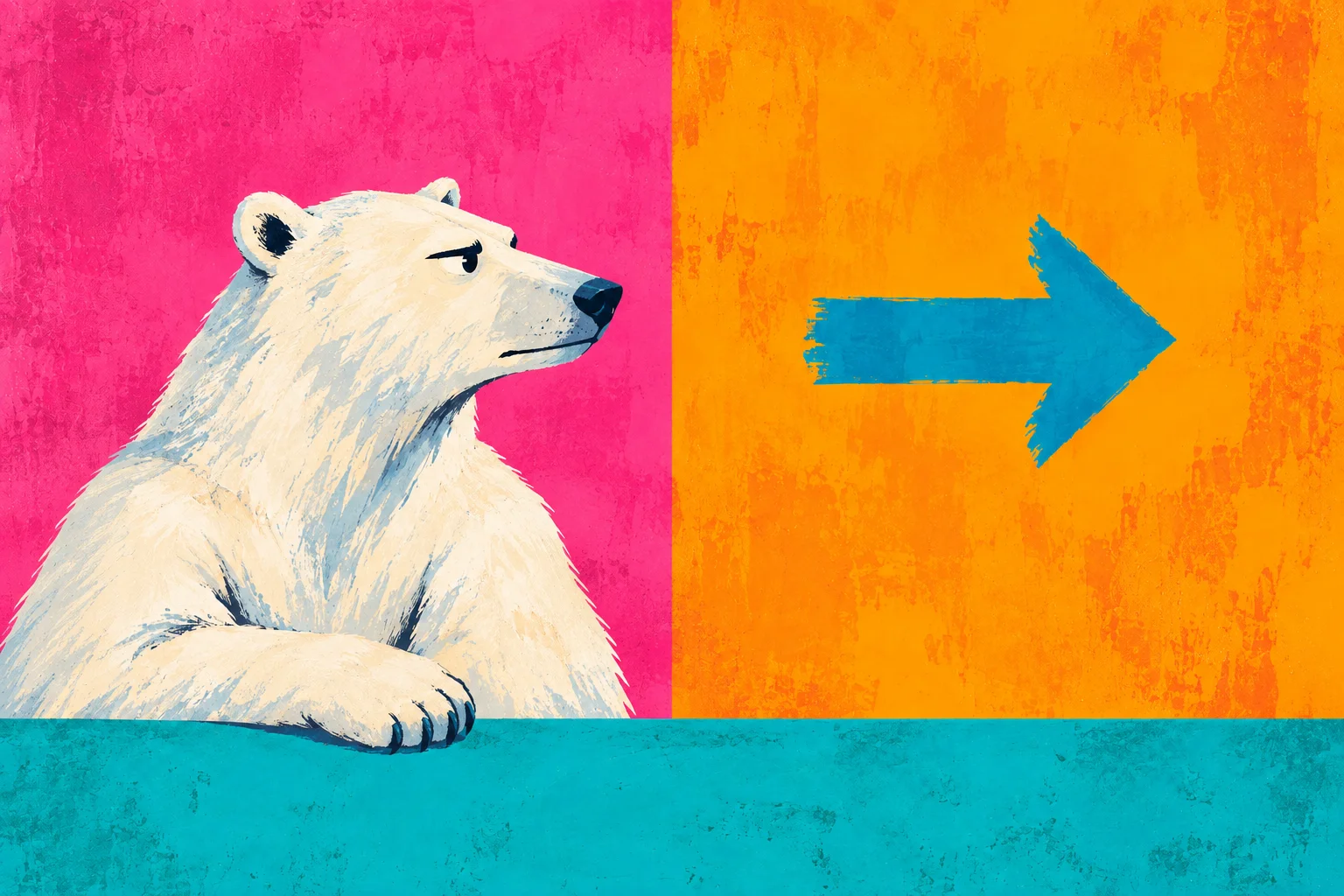 A white bear looking toward an arrow pointing to another option.