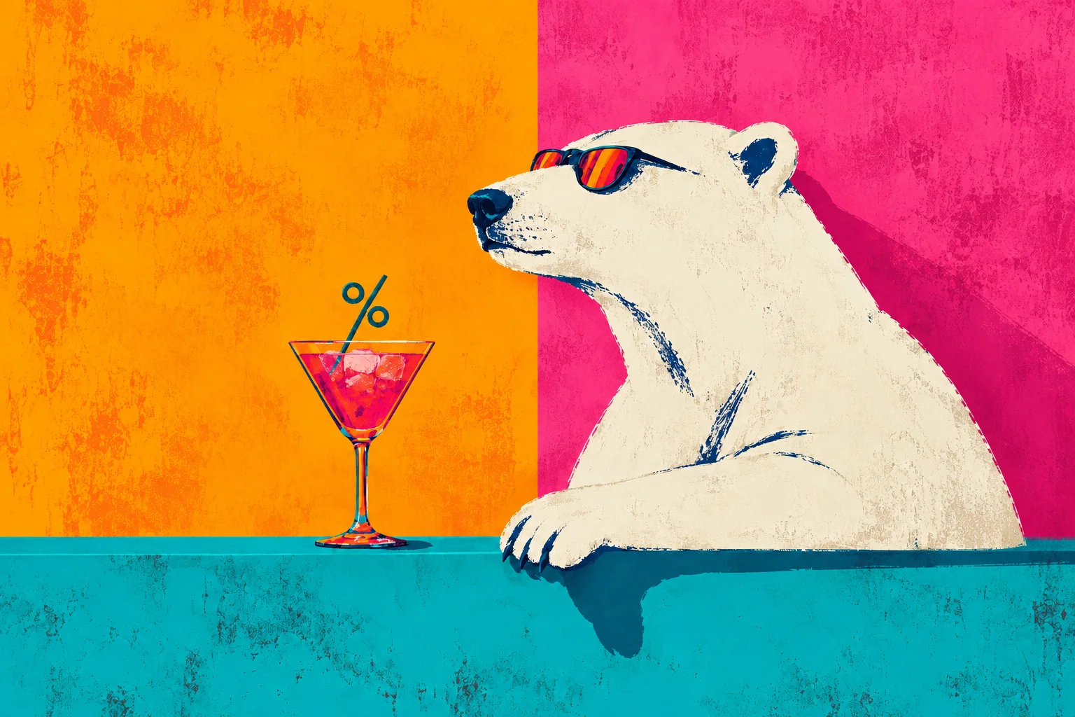 A white bear beside a pink drink with a percent-shaped stirrer.
