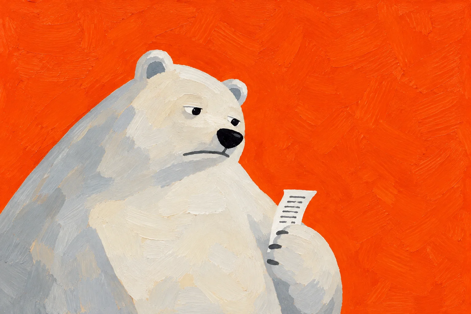 A painted white bear examining a receipt.
